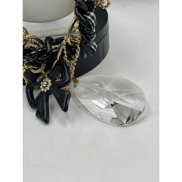 Betsey Johnson Heavy Multistrand Necklace Gold Tone Black White Ribbon Bow Charm - Picture 14 of 14